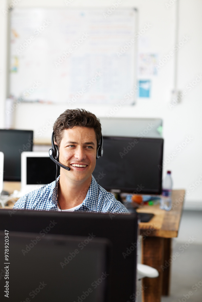 Poster Tech support, computer and man with phone call, headset and consultant in customer service in office. Help desk, telecom and happy virtual assistant at IT callcenter with conversation at crm agency