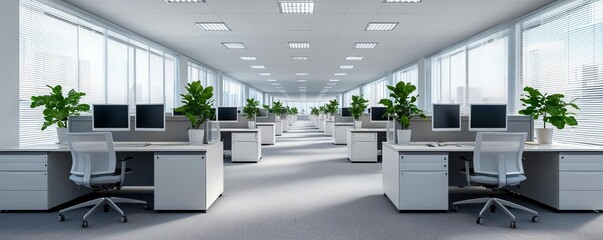 Fototapeta premium Office space emptiness after company shutdown, rows of vacant desks, abandoned office plants, gentle sunlight filtering through blinds, soft shadows, muted colors, silent ambiance