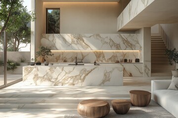 Elegant double-sink vanity with natural wood accents, vibrant orange flowers, and marble countertops in a luxurious, sunlit bathroom.