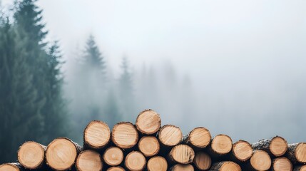 Freshly Stacked Timber Amid Misty Forest Scenery in Minimalist Style