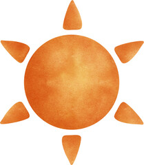 Sun drawn in a watercolor style. The sun has a circular orange center with radiating rays, also painted in orange. 