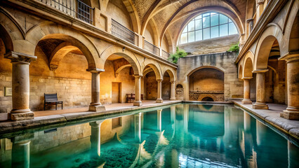 Historic Roman bathhouse with arched architecture and serene pool, Ancient, Roman, Bathhouse, Pool, Arched