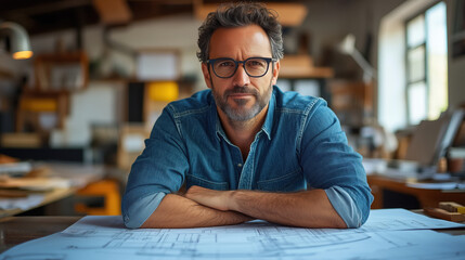 Obraz premium Professional architect sits at a desk surrounded by blueprints in a home design studio, symbolizing architecture, construction planning, and residential design.