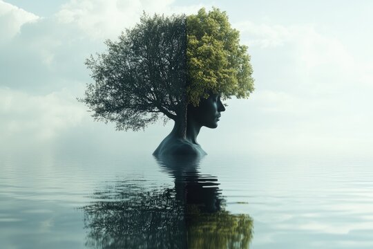 Woman merging with nature symbolizing harmony and balance