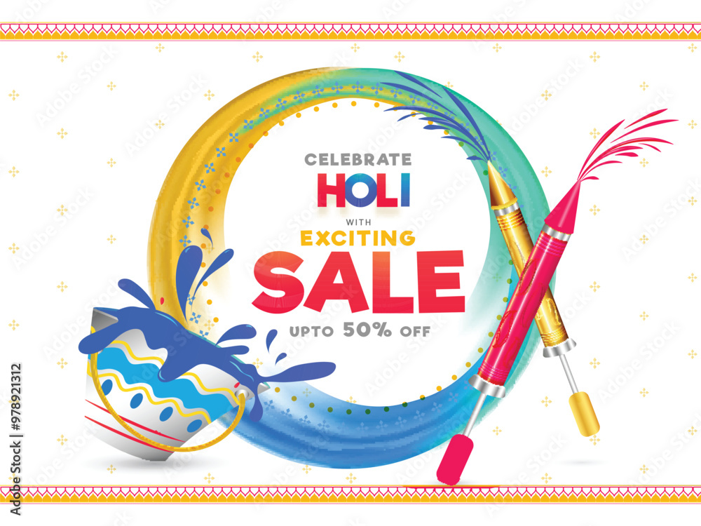 Wall mural Advertising sale poster or banner design with water guns and color bucket for holi festival.