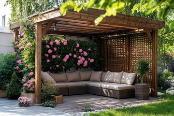 Wooden garden pergola with sofa providing comfortable relaxing space