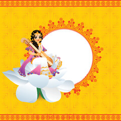 Happy Vasant Panchami greeting card design with illustration of goddess of wisdom saraswati character sitting on lotus flower.