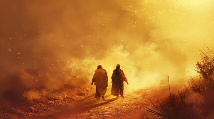 Jesus walks with two disciples on the road to Emmaus their hearts burning within them as he explains the Scriptures. Despite their confusion