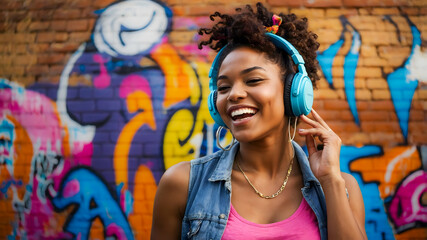 Fototapeta premium Happy Gen-Z Black woman smiling, listening to music, colorful brick background