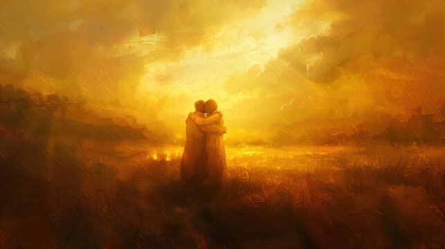 The prodigal son is embraced by his father bathed in the golden light of reconciliation