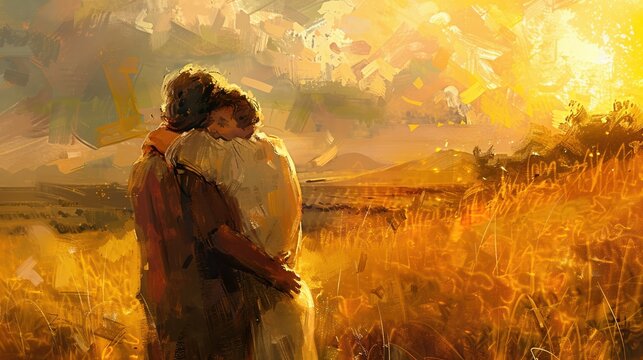 The prodigal son is embraced by his father bathed in the golden light of reconciliation