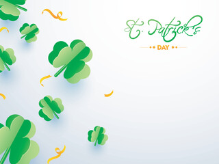 Paper cut style clover leaves and ribbon on glossy background for St Patricks Day poster or banner design.
