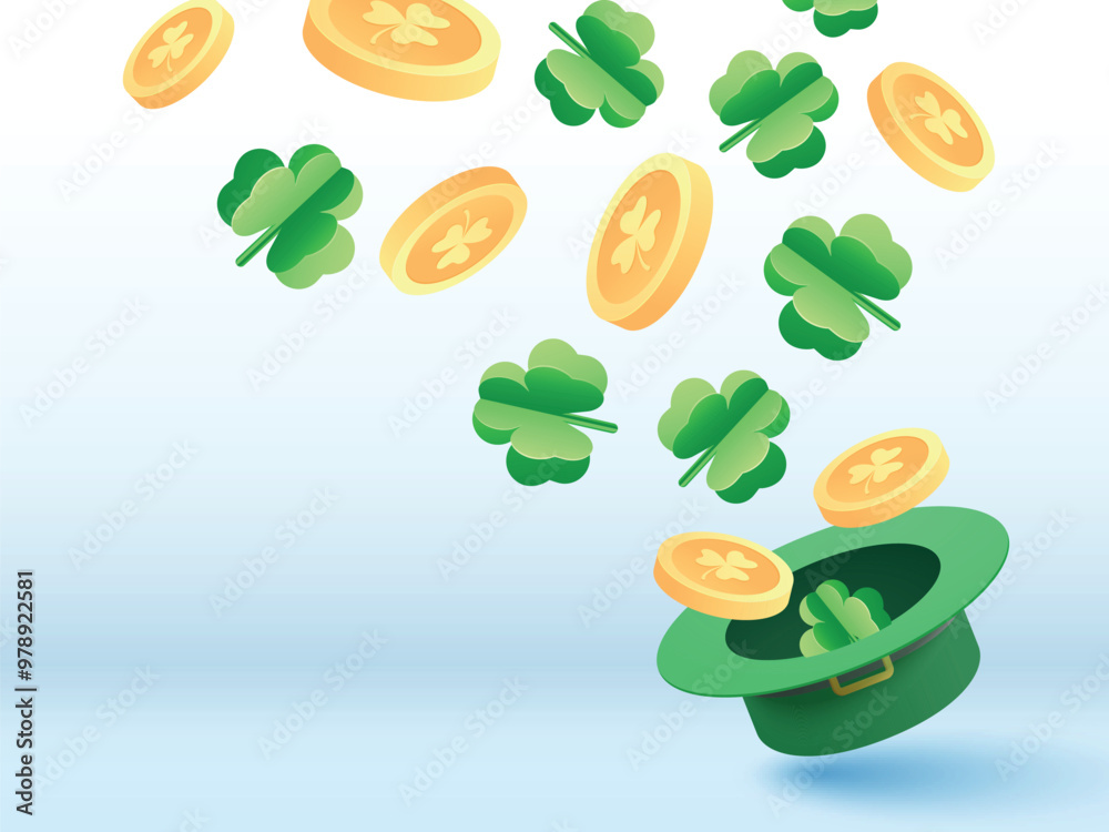 Canvas Prints paper cut style clover leaves and 3d coins popping out from hat on glossy background. poster or bann