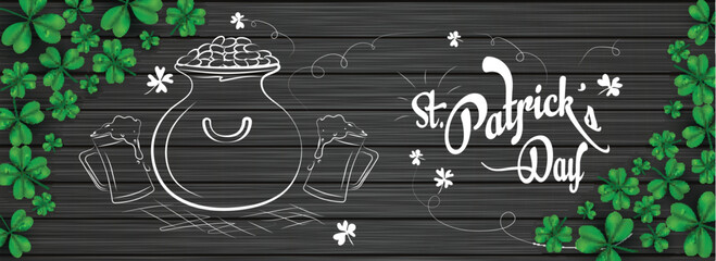 Doodle style cauldron with beer mugs illustration on black wooden background decorated with clover leaves for St Patricks Day header or banner design.