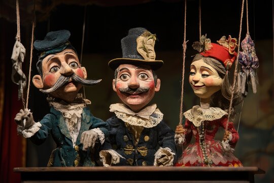 Three antique puppets hanging above a stage are ready to perform