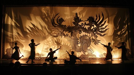 Fototapeta premium Indonesian shadow puppet performance --ar 16:9 --v 6 Job ID: d8d0660f-5cfc-48bb-afaa-06691bbea9e0