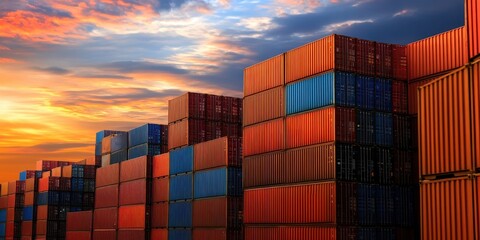 Fototapeta premium Dramatic sunset sky over rows of colorful cargo containers at a busy global shipping port Industrial cityscape with cranes and warehouses in the background