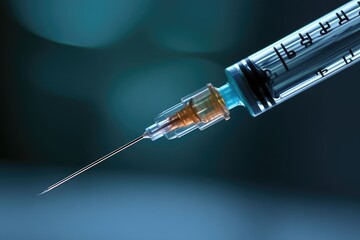 Medical syringe needle pointing up and showing liquid inside