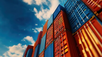Colorful Shipping Containers Stacked High in a Busy Harbor with a Modern Cityscape in the Background Under a Bright Blue Sky with Fluffy Clouds