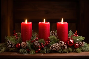 Festive arrangement of red candles surrounded by pine branches and berries, evoking warmth and holiday spirit in a cozy room.