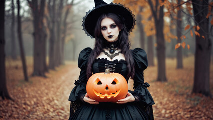 Fototapeta premium A witch in a black dress holding a pumpkin in an autumn forest