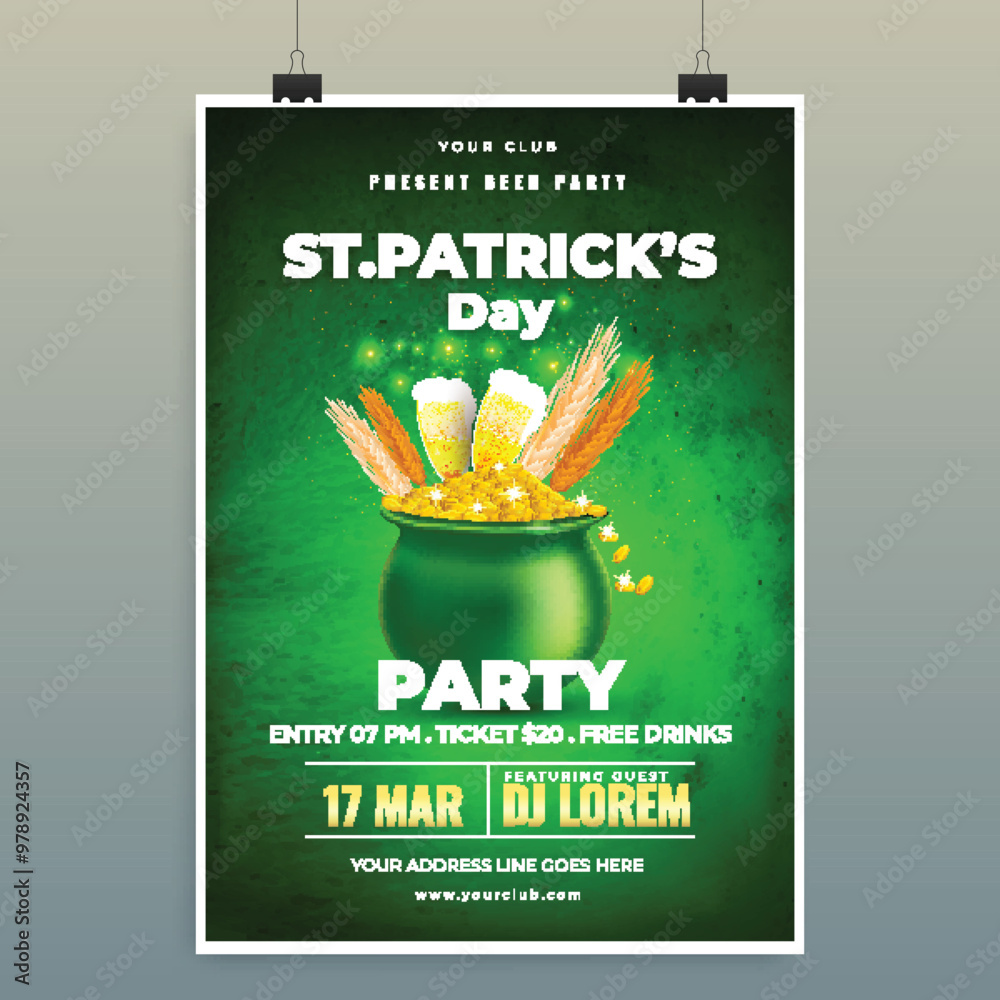 Sticker St. Patrick's Day Party invitation card design with time, date and venue details.