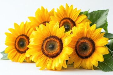 Obraz premium Bright yellow sunflowers blooming on white background