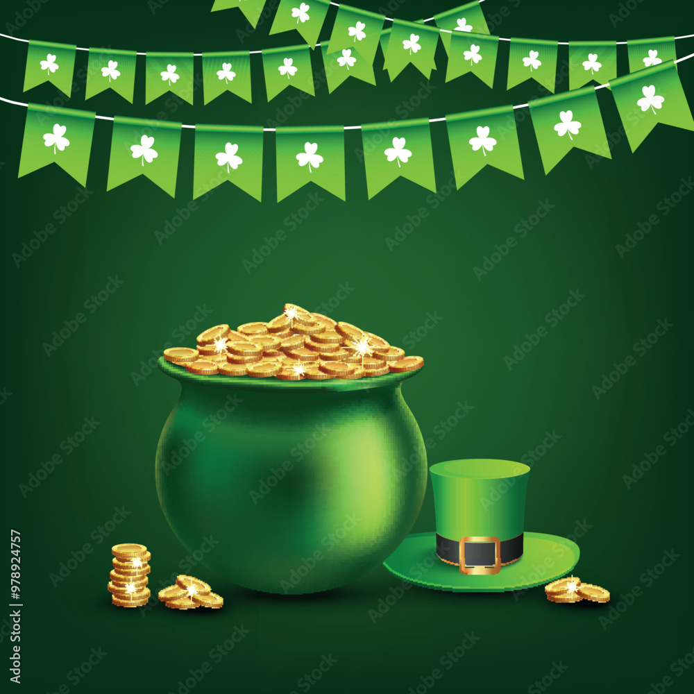 Canvas Prints realistic traditional coin pot with leprechaun hat on glossy green background decorated with party f