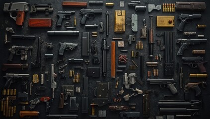 A meticulously organized collection of dismantled firearms and ammunition, creating a visually intricate display on a dark surface.