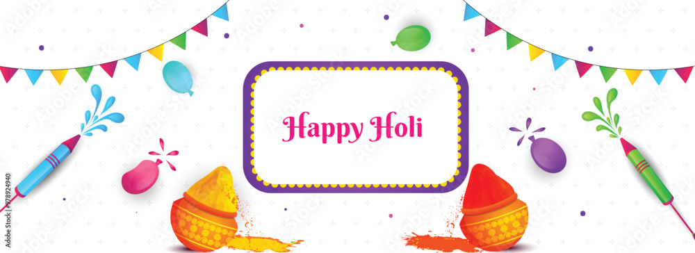 Canvas Prints Happy Holi header or banner design decorated with color pots and water guns illustration on white background.