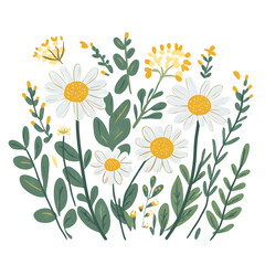 2D illustrator doodle-style floral and leaf graphics on a white background or wallpaper