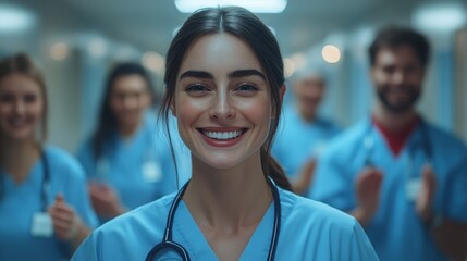 Fototapeta premium A group of smiling hospital staff, including doctors and nurses, happily walking down a corridor, embodying teamwork, dedication, and compassion.