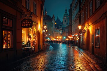 Fototapeta premium Cobblestone street leading to prague castle at twilight