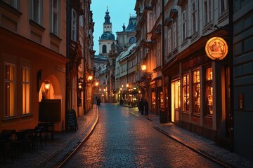 Cobblestone street leading to church at twilight in prague