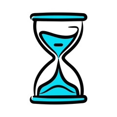 Colorful hourglass illustration with blue sand and black outline
