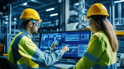 Fototapeta premium Engineers monitoring automated systems in a cutting-edge industrial factory