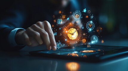 Businessman holding a virtual digital clock and work time management icon. Business project planning. Strategic business success. Time is money. Work planning increases efficiency. Business future