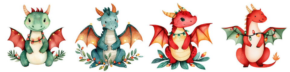 Obraz premium Colorful and playful dragon illustrations featuring four unique characters, perfect for children's themes and fantasy art projects.