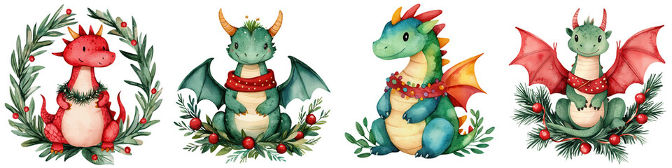 Fototapeta premium Colorful cartoon dragons in festive wreaths, perfect for holiday decorations and children's illustrations.