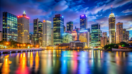 Vibrant modern Australian cityscape at night showcasing colorful lights and skyscrapers, Australia, city, urban, night