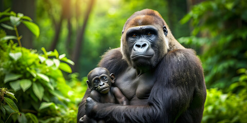 Fototapeta premium A big gorilla carrying its baby in a lush forest, gorilla, baby, wildlife, nature, jungle, parent, love, family, protect, care