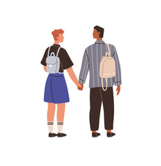 Two people are holding hands while wearing casual outfits with backpacks. They are standing back to back, suggesting a sense of unity and partnership. Ideal for themes of love, companionship, outdoor