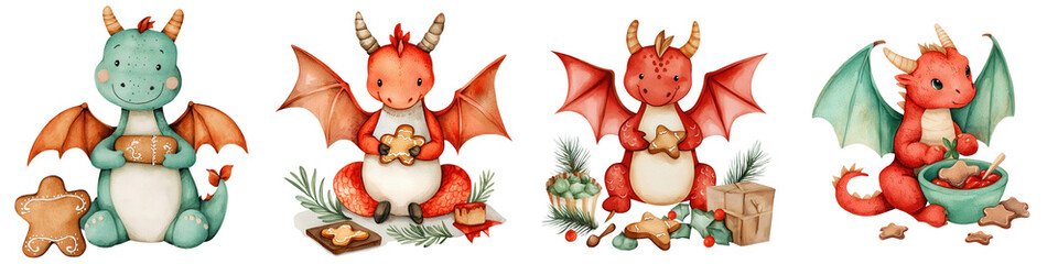 Naklejka premium Whimsical dragon illustrations featuring cute dragons enjoying festive treats and holiday decorations.