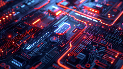 Obraz premium Intricate circuit board with glowing red and blue lights