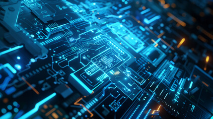 Fototapeta premium Blue and orange glowing circuit board design