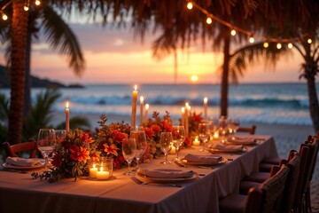 Elegant Christmas dinner table set on the beach at sunset in the Caribbean