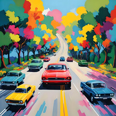 A vibrant painting depicting cartoon cars driving along a road lined with colorful trees in autumn hues. generated ai