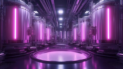 Futuristic dairy processing plant, a stainless steel tank being filled with milk, soft neon lights reflecting off the metal, cyberpunk-inspired, ultra-clean and modern aesthetic