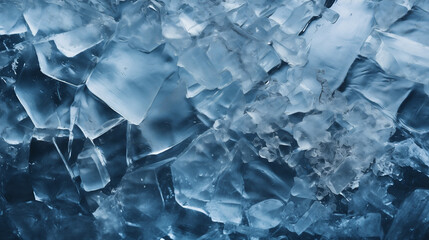 Close-up of ice cubes, cool atmosphere, crystal-like texture, blue color palette