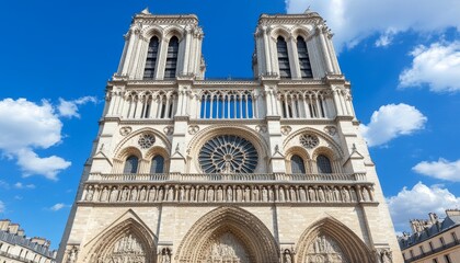 Fototapeta premium Architectural Marvel Iconic Gothic Cathedral Facade with Ornate Stonework Against a Azure Sky.